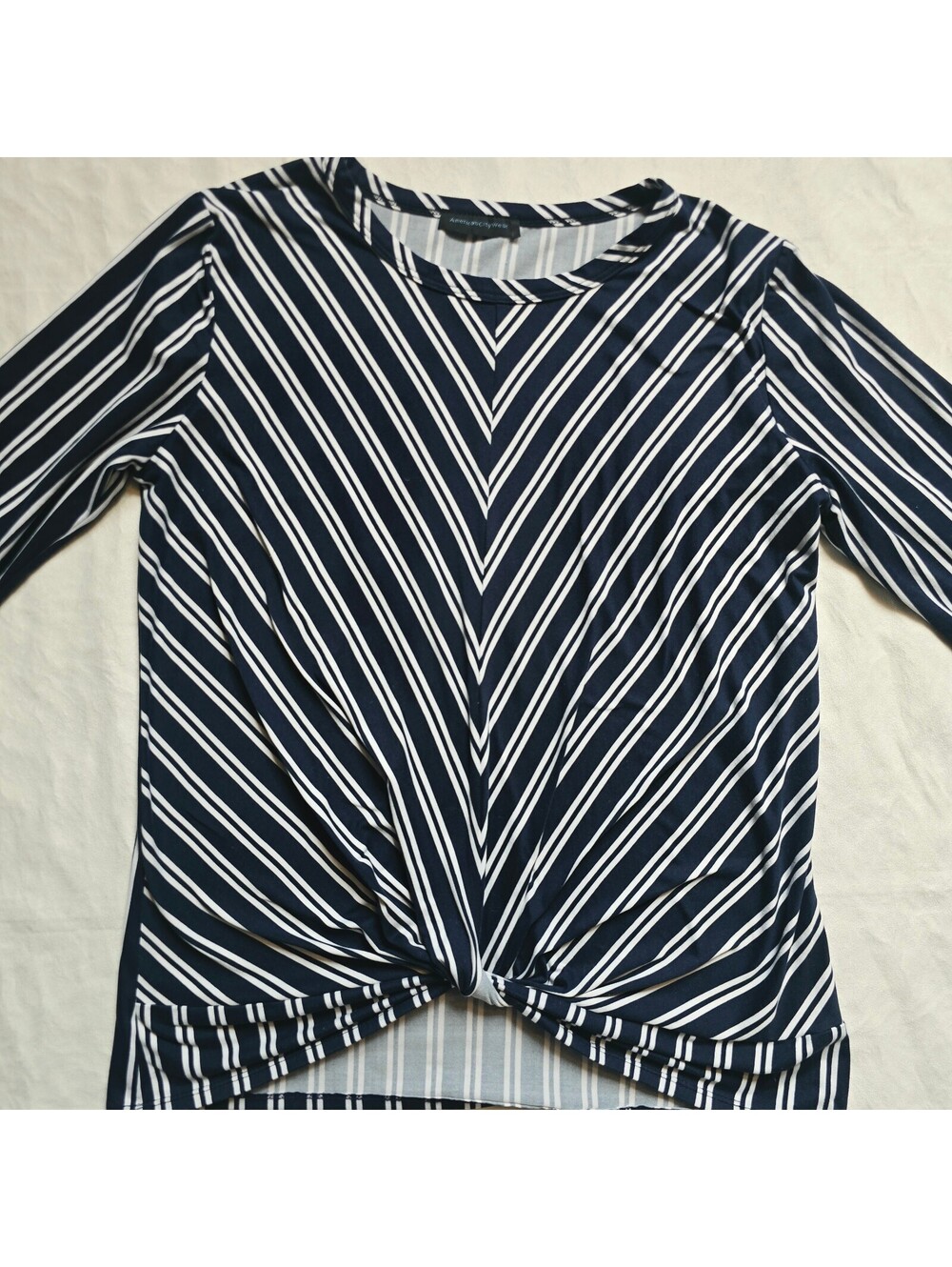American City West Navy and White Striped Long Sleeve Knot Front Top
